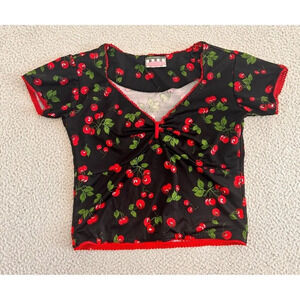 Pin Up Girl! Top Red Cherry Blouse Crop Bustier Retro Whimsical